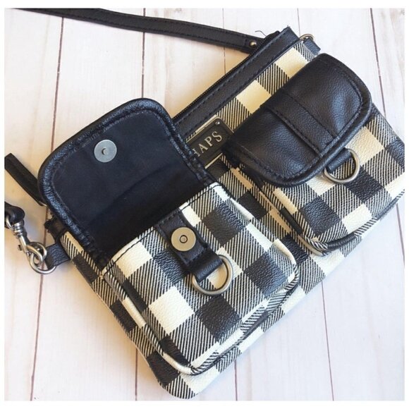 CHAPS Black & Cream Buffalo Plaid Convertible Clutch Shoulder Handbag Crossbody - Picture 5 of 8